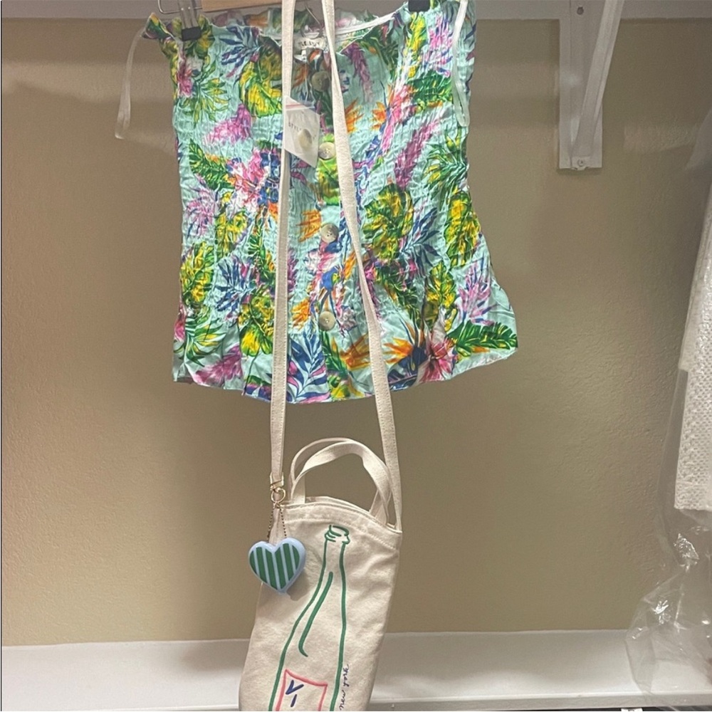 Colorful Floral Smocked Top and Cream Bottle Bag